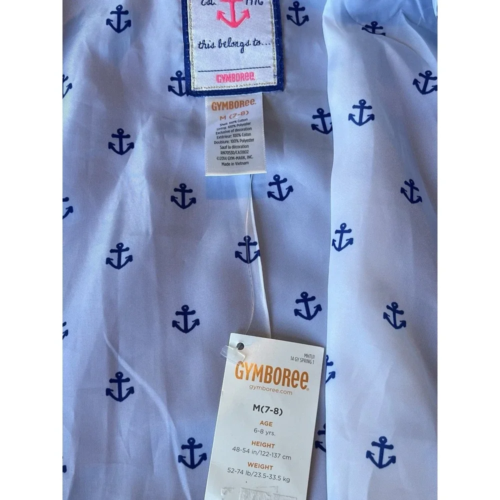 GYMBOREE, Girl 7/8 Blue White Pink, Light Coat, Nautical Anchor, 100% Cotton‎